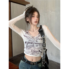 批发 已出货 罗纹 性感上衣女印花长袖短款内搭T
