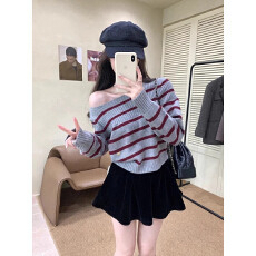 批发已出货【北极绒洗水】韩系条纹毛衣女装秋冬季新款<b class='q'>一字肩</b>针织衫