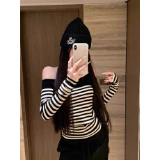 批发已出货【包芯纱】<b class='q'>一字肩</b>黑白条纹针织衫女秋冬打底衫纯欲辣妹露