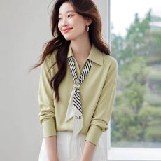 批发2026春季法式飘带长袖<b class='q'>衬衫</b>新款缎面<b class='q'>职业</b>通勤上衣厅里厅气衣服女