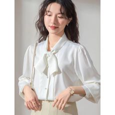 批发法式蝴蝶结缎面白色<b class='q'>衬衫</b>女2026春秋新款通勤<b class='q'>职业</b>正装面试内搭上衣