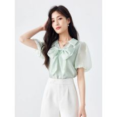 批发洋气漂亮蝴蝶结<b class='q'>雪纺衫</b>2026夏季新款女花苞袖减龄<b class='q'>短袖</b>上衣