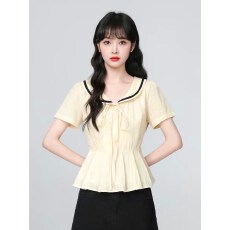 批发法式娃娃领短袖<b class='q'>衬衫</b>女2026夏新款荷叶边蝴蝶结设计感<b class='q'>衬衣</b>短款上衣