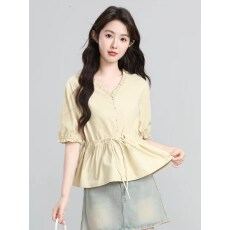 批发法式黄色V领短袖<b class='q'>衬衫</b>女2026夏新款蕾丝边收腰泡泡袖<b class='q'>衬衣</b>短款上衣