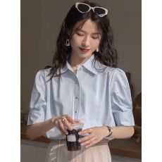 批发法式泡泡袖蓝色<b class='q'>衬衫</b><b class='q'>女</b>2026夏季新款面试正装<b class='q'>职业</b>通勤短袖小众上衣