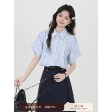 批发2026夏季新款蓝色小众通勤职场<b class='q'>条纹</b>短袖<b class='q'>衬衫</b>上衣女