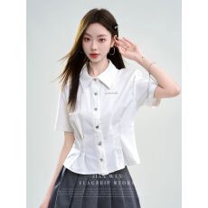 批发2026夏季新款POLO领白色短袖衬衫女短款<b class='q'>休闲</b>小众学院风设计感衬衣