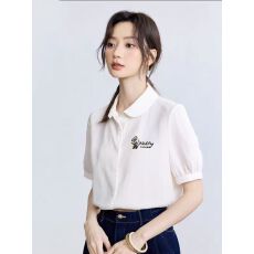 批发2026夏季女装新款100%棉舒适休闲气质简约纯色刺绣短袖衬衫