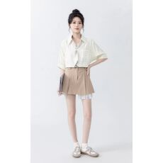 批发法式条纹V领短袖衬衫女夏新款2026领带领结衬衣正肩半袖<b class='q'>上衣</b>