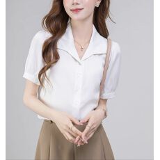 批发白色缎面polo领短袖<b class='q'>衬衫</b>女夏季2026新款通勤<b class='q'>职业</b>显瘦上衣