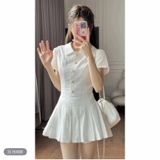 批发韩系学院风polo领短袖连衣裙春夏季收腰显瘦A字百褶短裙7118