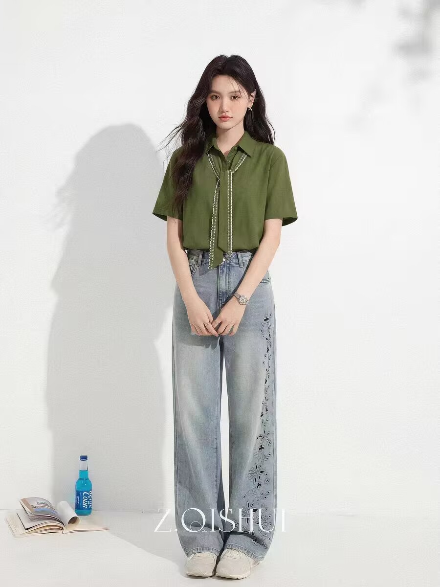 2026 여름 새로운 녹색 레이스업 연령 감소 반팔 티셔츠 여성 고유 한 아름다운 루즈핏 슬림해 보이는 맨위