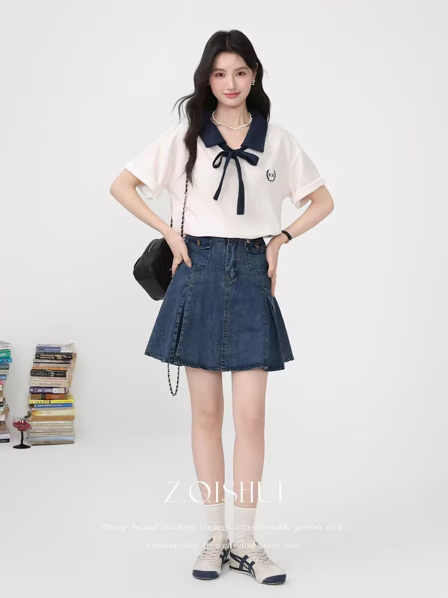 Breeze 캠퍼스 2026 여름 새로운 살구 색상 연령 감소 POLO 칼라 반팔 티셔츠 여성 루즈핏 배색 맨위