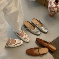 批发高质感手工编织镂空包头半拖隐形内增5cm