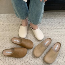 批发春秋款复古仙女风软皮平底穆勒包头半拖