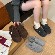 批发厚底勃肯毛鞋2025秋冬<b class='q'>韩版</b>一字毛毛拖鞋女外穿平底博肯加绒棉鞋