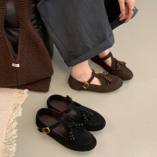 批发牛皮版·小众复古圆头小皮鞋<b class='q'>英伦</b>风设计感休闲平底柳钉流苏单鞋