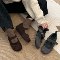 批发内增5cm真皮拼接呢子料玛丽珍2025秋<b class='q'>冬</b>气质百搭圆头勃肯鞋