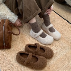 批发魔术贴一字带玛丽珍毛毛鞋2025新款保暖加绒内增棉鞋