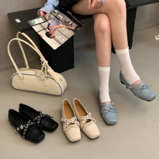 批发新款方头粗跟芭蕾舞鞋2026春夏款韩版浅口单鞋