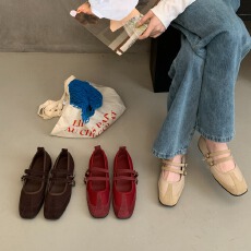 批发韩版拼接真皮百搭休闲鞋2026春夏新款浅口玛丽珍芭蕾舞风单鞋