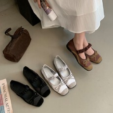 批发复古风拼色方头浅口玛丽珍鞋2026春夏新款真皮气质通勤休闲鞋