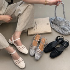 高品质镂空纯手工编织一字带2026新款高定网面粗跟凉鞋