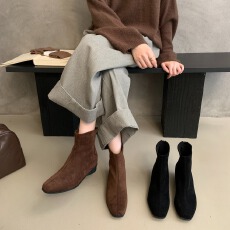 批发粗跟绒面法式小踝子弹力短靴女鞋2026爆款秋冬季内增单里瘦瘦靴