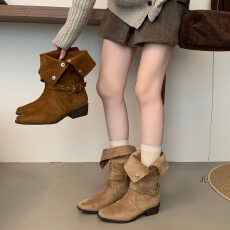 批发复古方头粗跟靴子女2026新款辛芷蕾同款两穿西部靴显瘦绒面堆堆靴