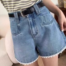 批发蕾丝花边拼接辣妹胖mm阔腿大码a字宽松牛仔短裤女