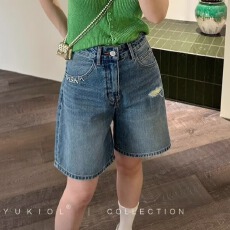 批发刺绣破洞高腰大码牛仔短裤女胖mm宽松五分裤中裤女