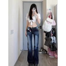 批发水洗做旧喇叭裤大码牛仔裤女高腰显瘦微喇叭阔腿长裤