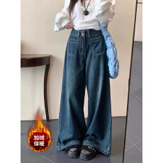 批发实拍复古高腰胖mm直筒阔腿裤<b class='q'>大码</b>牛仔裤女宽松拖地