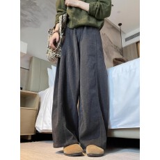 批发灰色加厚大码毛呢阔腿裤子胖mm秋冬休闲运动卫裤梧桐裤