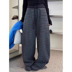 批发条纹大码直筒阔腿裤女秋冬新款高腰胖mm宽松显瘦拖地裤长裤潮