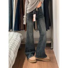 批发春<b class='q'>夏</b>新款美式辣妹蓝灰微喇大码牛仔裤女修身显瘦不贴腿马蹄裤子