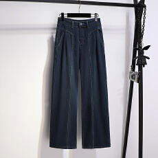 批发实拍春季新款复古美式大码牛仔裤女胖mm高腰显瘦直筒阔腿裤