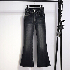 批发实拍春夏新款美式辣妹蓝灰微喇大码牛仔裤女修身显瘦不贴腿马蹄裤