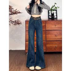 批发<b class='q'>春</b>季新款美式复古拼接胖mm阔腿牛仔裤女宽松大码不贴腿喇叭裤子