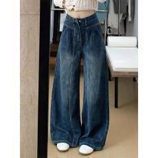 批发春季新款复古美式大码牛仔裤<b class='q'>女</b>胖mm高腰显瘦直筒阔腿<b class='q'>裤</b>