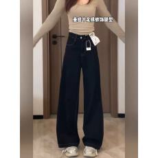 批发黑色高腰阔腿牛仔裤女加厚宽松大码小个子不贴腿喇叭裤子