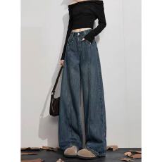 批发大码复古美式牛仔裤女秋冬胖mm梨形身材高腰显瘦直筒阔腿裤子