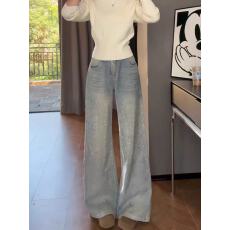 批发设计感胖mm大码烫钻阔腿牛仔裤女<b class='q'>春</b>夏美式复古宽松直筒裤子