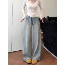 批发胖mm大码烫钻阔腿牛仔裤女<b class='q'>春</b>夏美式复古宽松直筒裤子