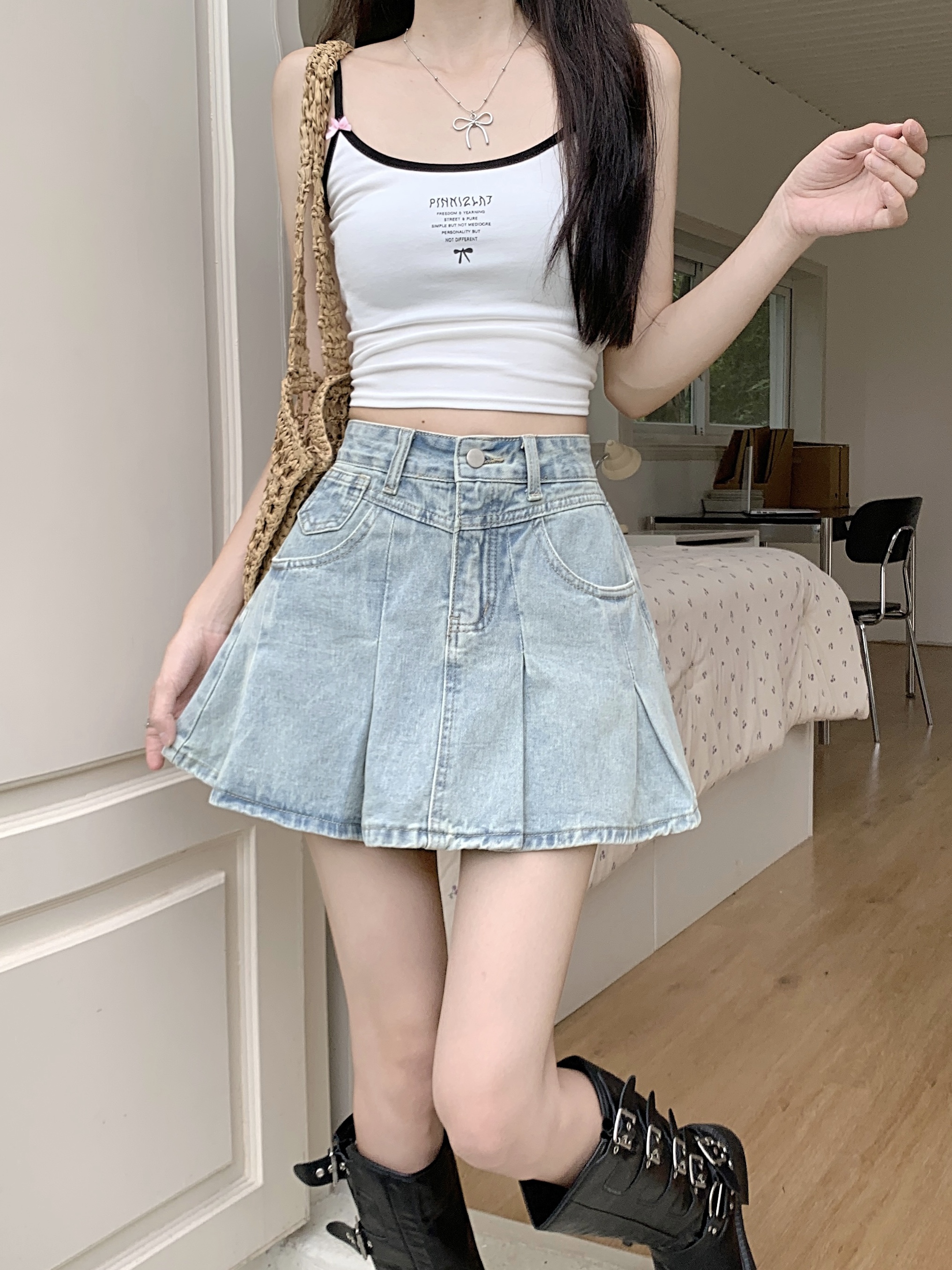 실사 빅 사이즈 데님 플리츠 미니 스커트 여성 하이웨이스트 지방 mm 워싱 노출 방지 jk 치마 반신 스커트 슬림해 보이는 한 마디