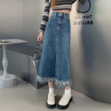 批发毛边流苏韩版排扣大码牛仔半身裙女遮胯显瘦胖mm裙子