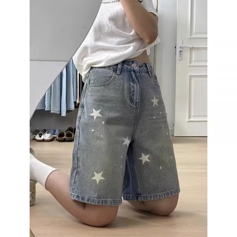 아메리칸 레트로 워싱 별 프린트 빅 사이즈 데님 5 점 반바지 하이웨이스트 루즈핏 슬림해 보이는 다용도 와이드 레그 팬츠