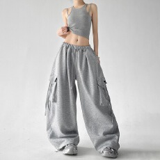 批发高腰阔腿裤女<b class='q'>春</b>秋新款宽松工装裤多口袋休闲裤百搭显瘦拖地裤