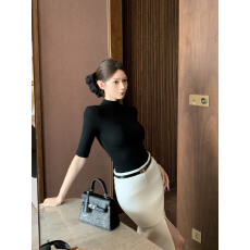 批发实拍实价 早秋纯色半高领修身中袖T恤女➕气质开叉包臀半裙两件套