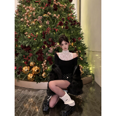 批发实拍实价 圣诞红色针织长袖t恤上衣女蕾丝背心高级感波点短<b class='q'>裤</b>套<b class='q'>装</b>